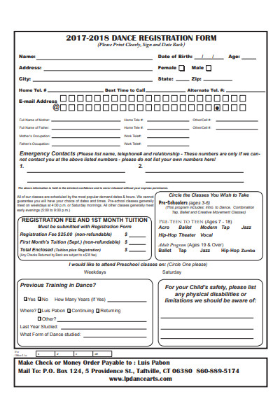 dance registration content form
