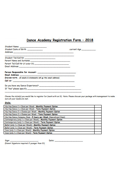 dance registration form sample 