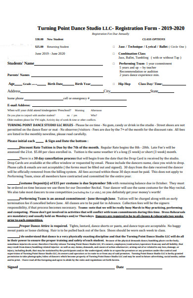 dance school registration form