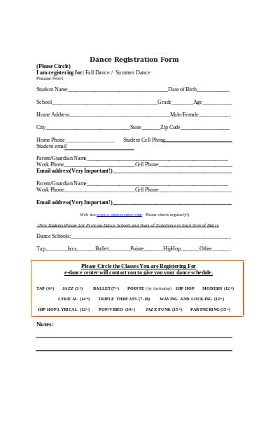 dance training registration form