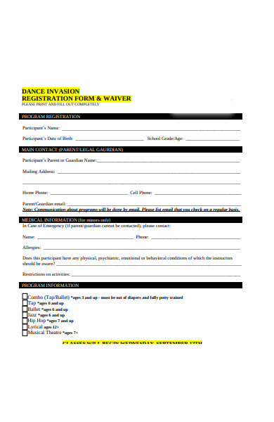 dance wavier registration form