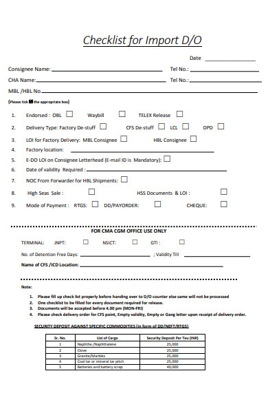 delivery order import checklist form