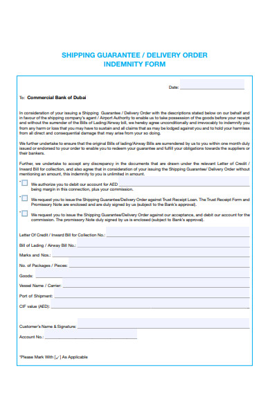 delivery order indemnity form