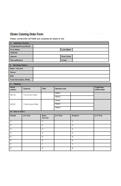 dinner catering order form 