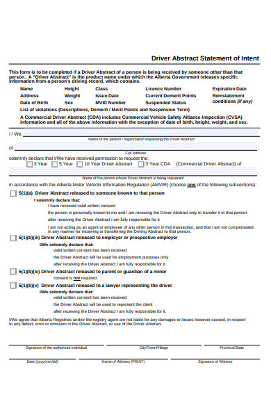 driver abstract statement of intent form