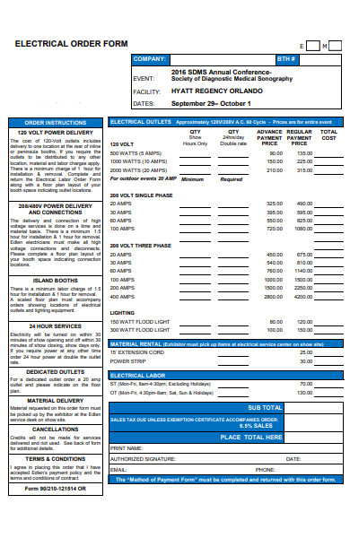 electrical delivery order form