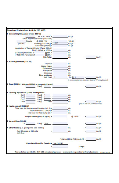 electrical service calculation form