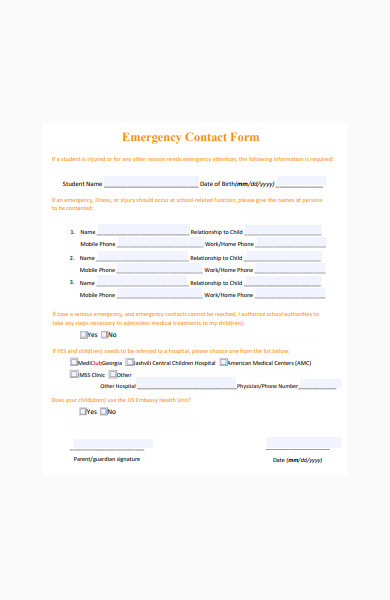 emergency contact form of school