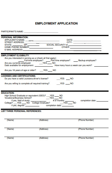 employee application information form