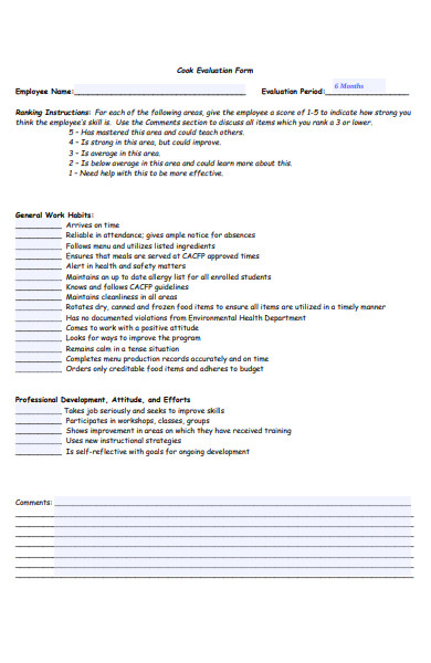 employee cook evaluation form