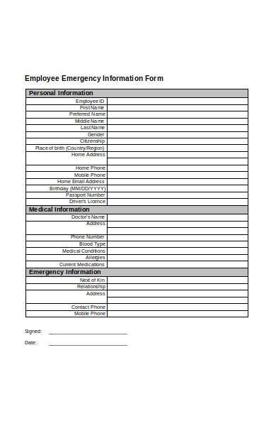employee emergency information form