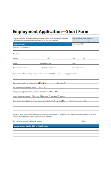 employment application short form