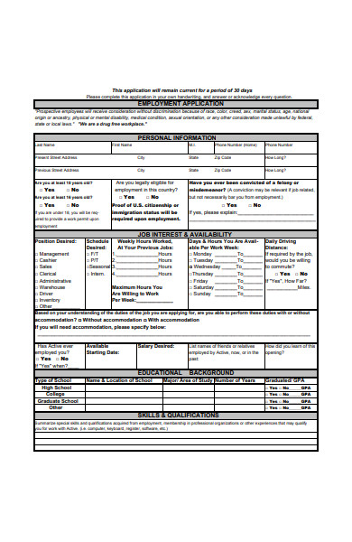 employment application template