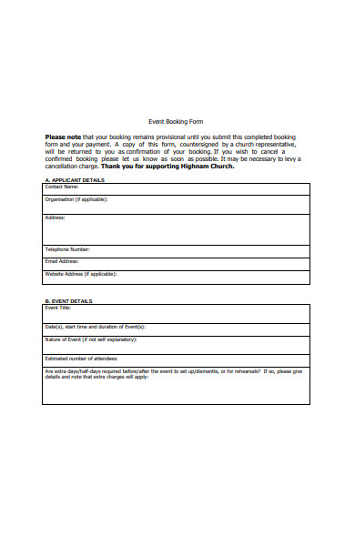 event booking form example