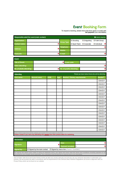 event booking form format