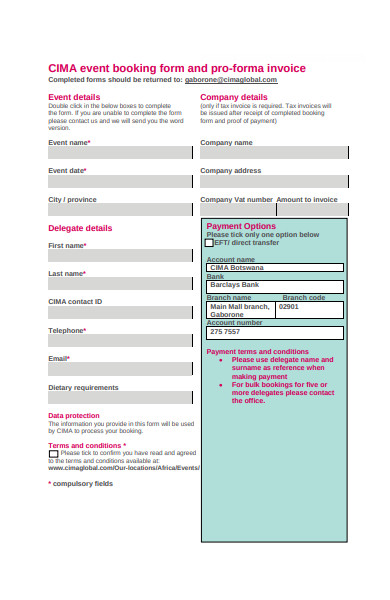 event booking form invoice