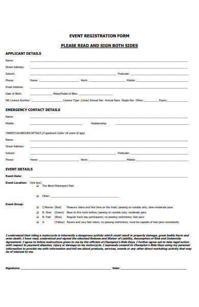 event registration form for applicant