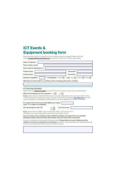 events equipment booking form