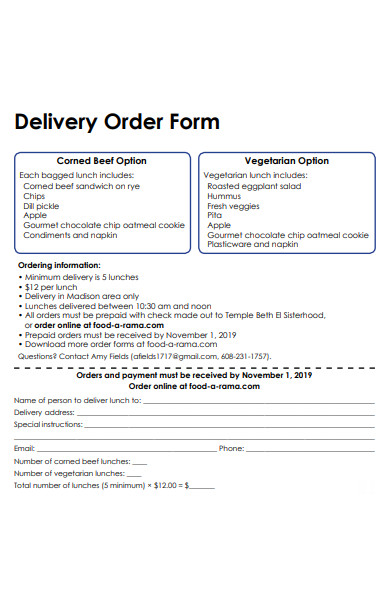 food delivery order form