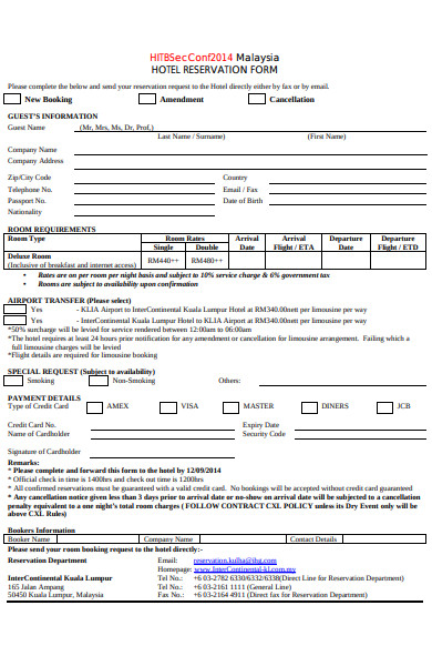 formal hotel reservation form