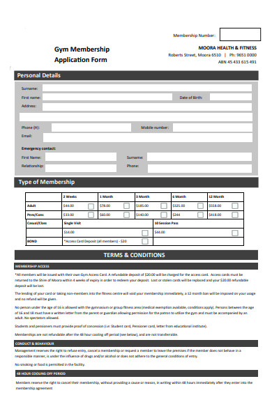 gym membership application form