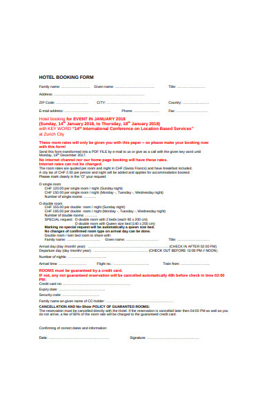 general hotel booking form