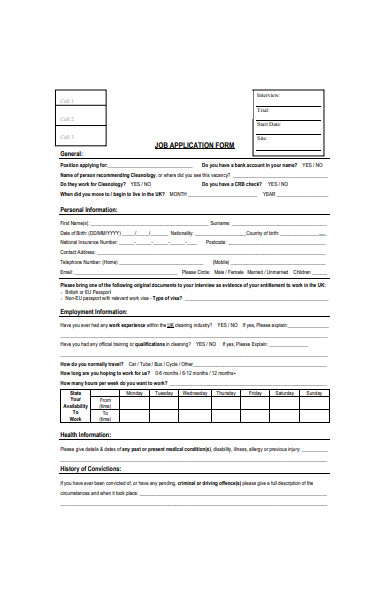 general job application form template