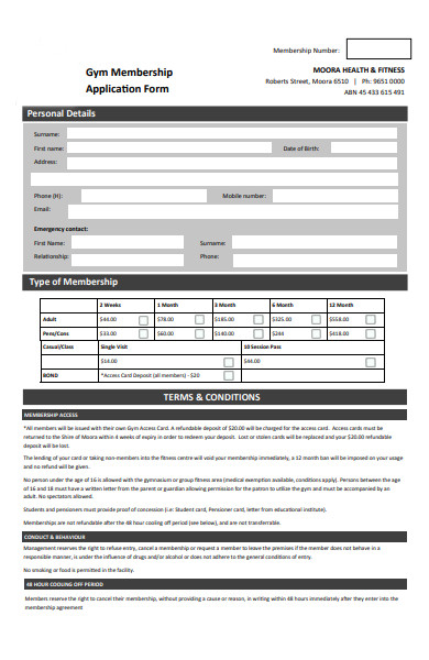 gym membership application form1
