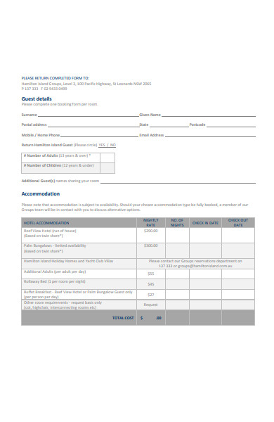 hotel accommodation booking form in pdf