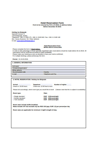 hotel reservation form template