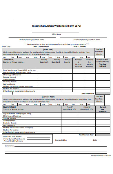 income calculation worksheet form