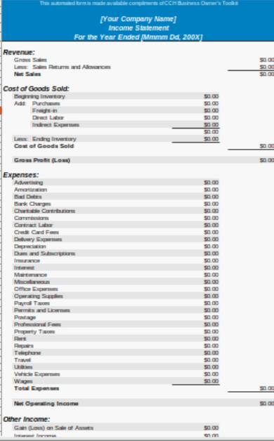 income statement spreadsheet template
