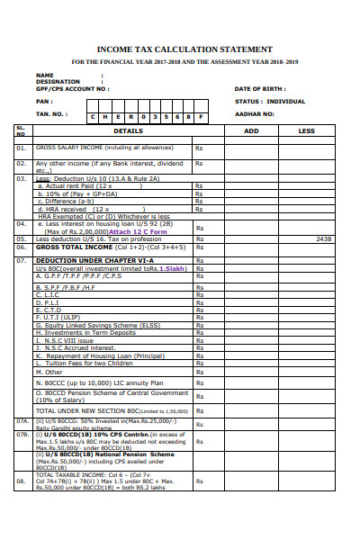 income tax calculation statement form