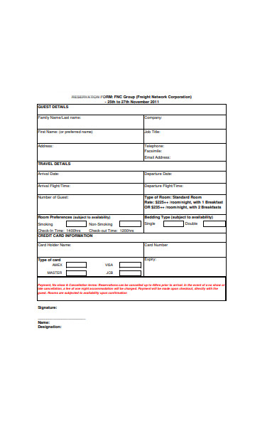 individual reservation form