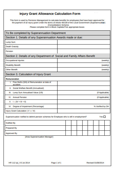 injury grant allowance calculation form