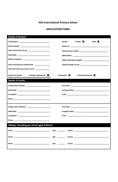 international primary school application form