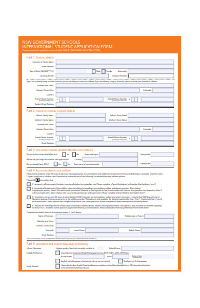 international school student application form