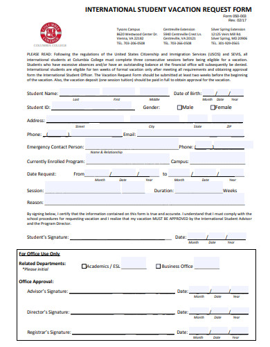 international student vacation request form