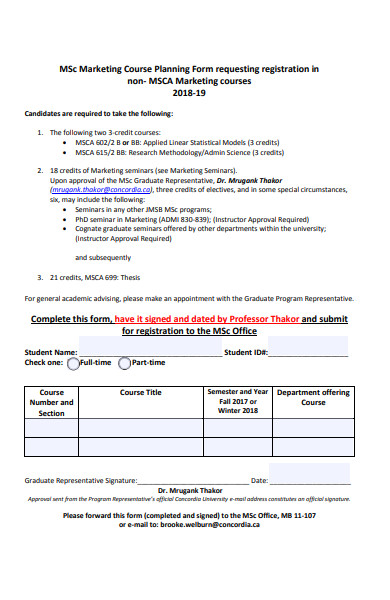 marketing course planning form