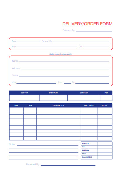 medical delivery order form