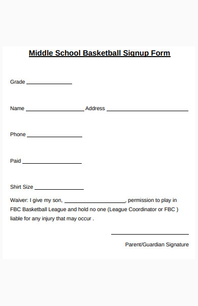 middle school signup form