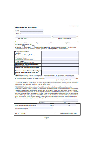 money order affidavit form