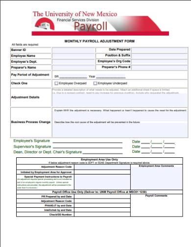 monthly payroll adjustment form 