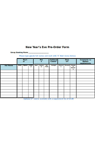 new year eve preorder form