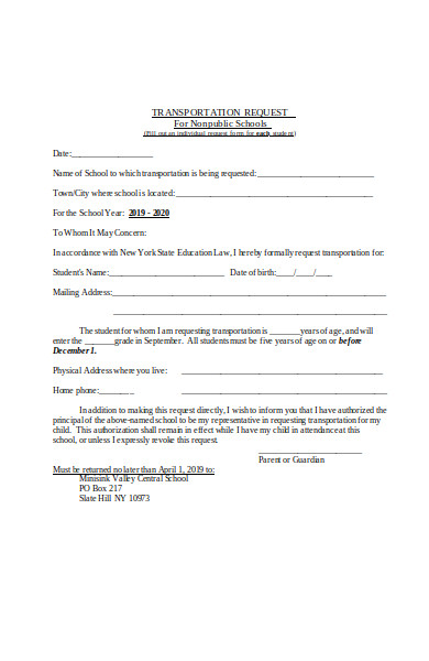 non public school transportation request form 