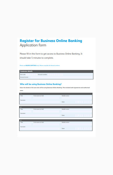 online banking business application form