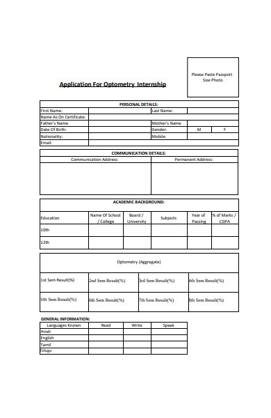 optometry internship application form
