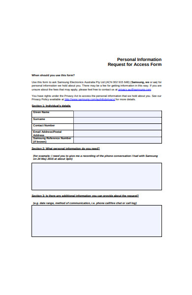 personal information request for access form