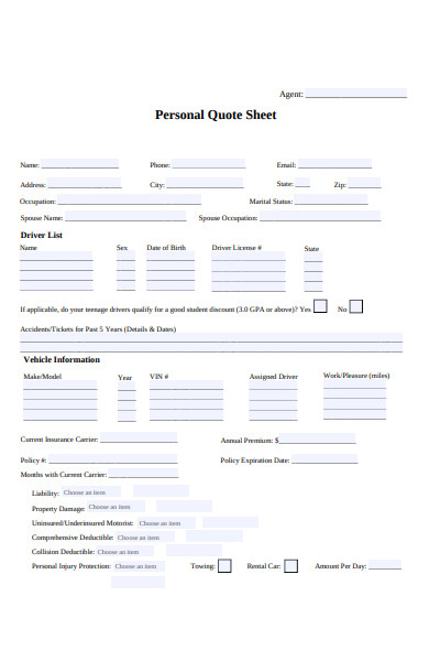 personal quote sheet form