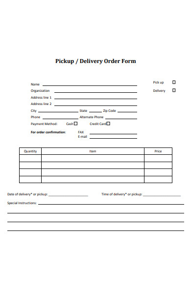 pickup delivery order form